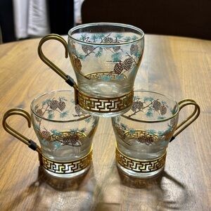 Set of 3 vintage Libbey David Douglas pinecone cups with gold tone holders